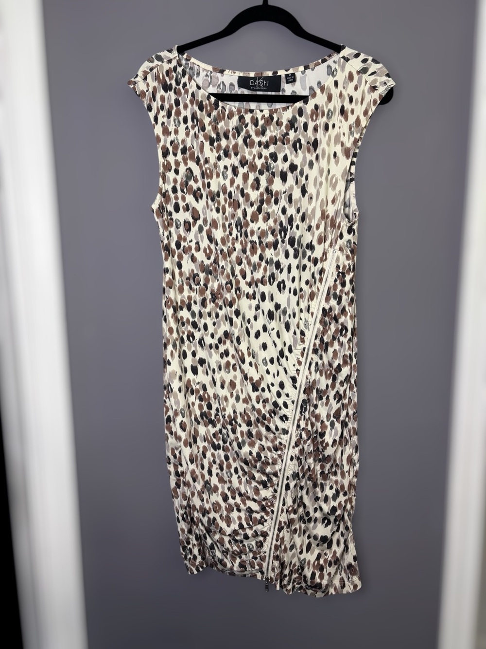DASH by Kardashian Black Brown Print Ruched Asymmetric Zipper Dress Medium